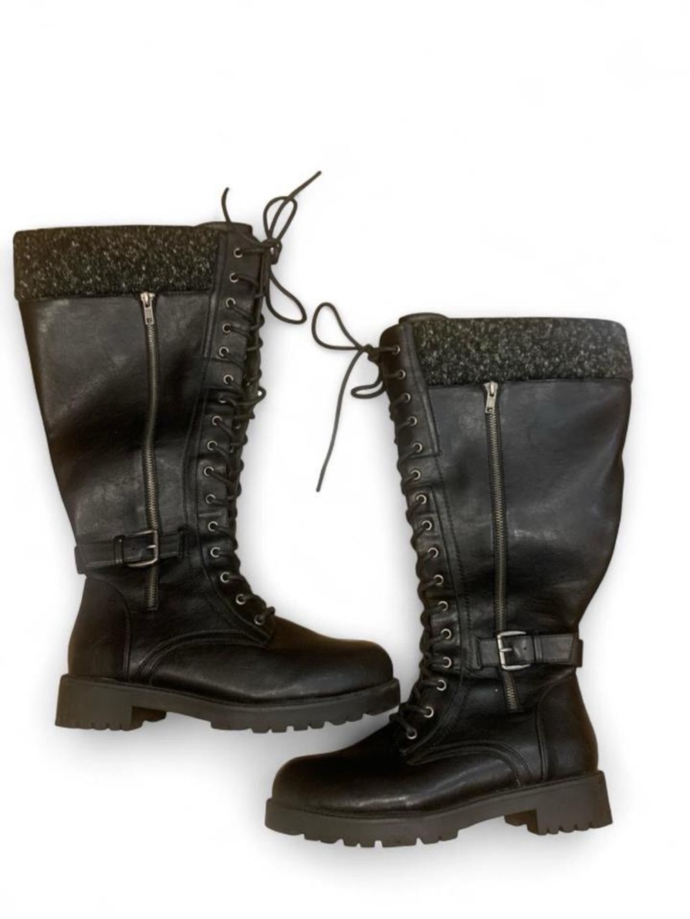 Black Lace-Up Knee High Women's Boots with Knit Cuff